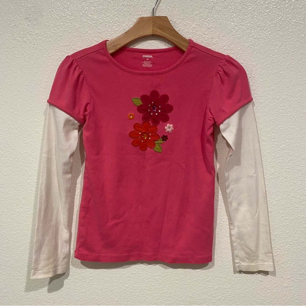Kids Gymboree Girls Pink White Floral Embroidered Flower Long Sleeve Shirt 10